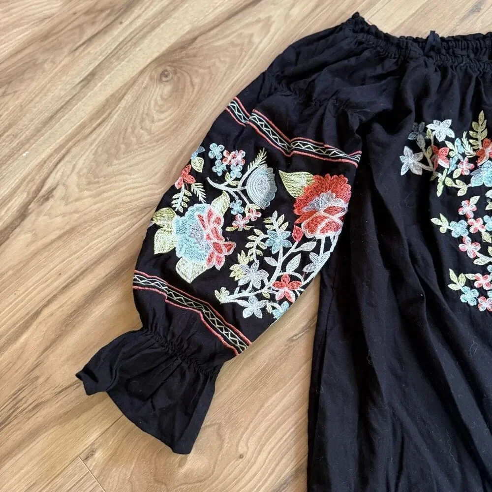 Free People Womens Black Floral Embroidered Off Shoulder Mini Dress Size Medium